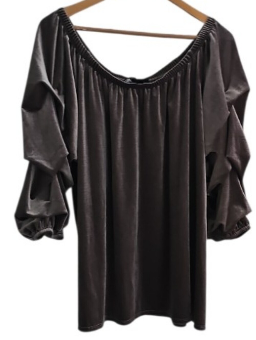 Anthony Originals Velvet Peasant Top Women’s 2X Gray Ruched Sleeve Blouse Luxe - Picture 2 of 11